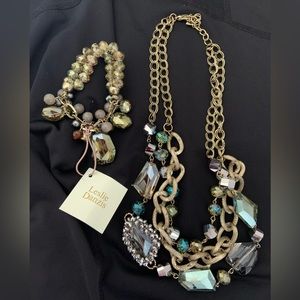 Statement Fashion Necklace And Bracelet 3 Strand Gold Chain Gems and Beads